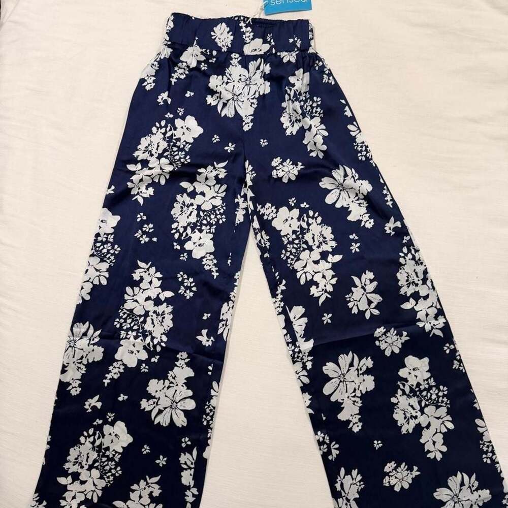 Sensea Floral Wide Leg Silky Pants Navy White Size S New With Tags